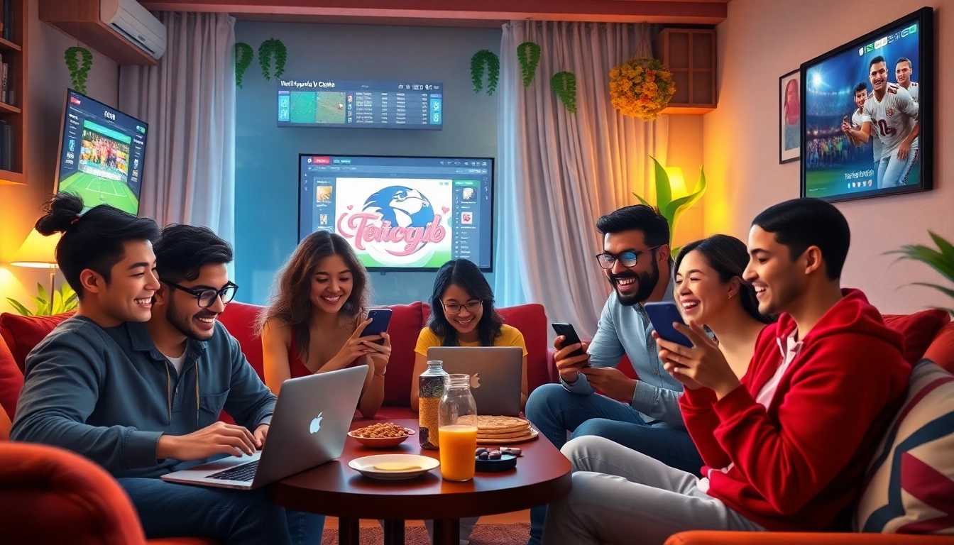 Excited friends placing bets on 888b.bet in a cozy room filled with sports decor.