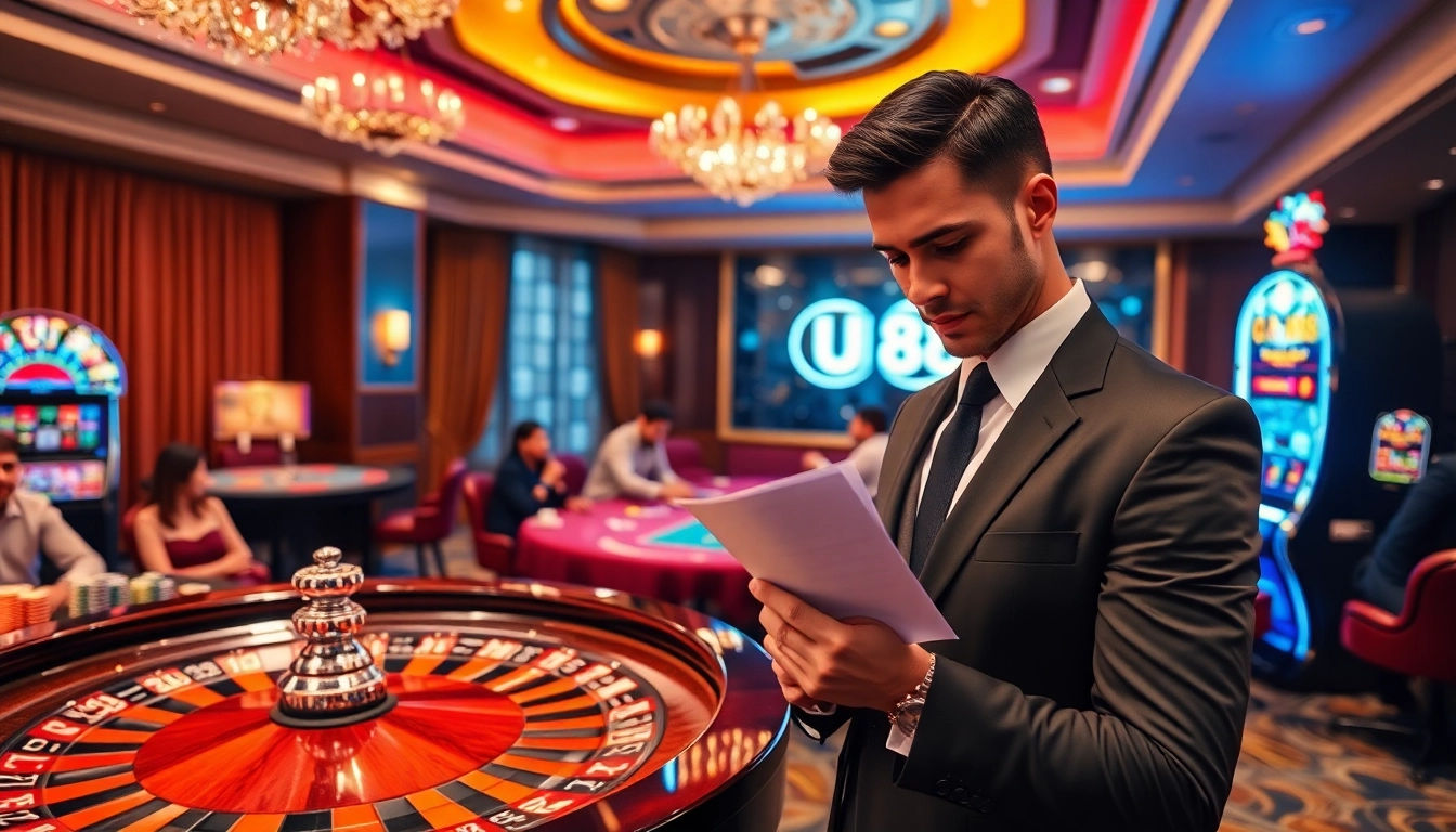 Gambling excitement at UU88 casino with players at roulette and poker tables.