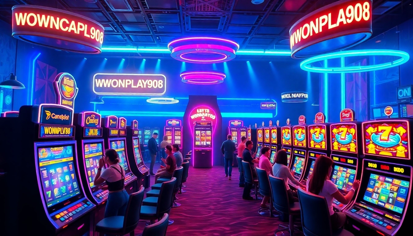 Exciting online gaming scene featuring WONPLAY908 slot machines and joyful players.