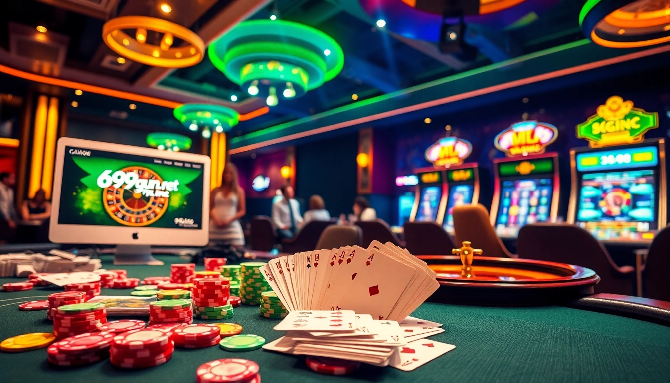 Engage with thrilling games at 69vn.gb.net featuring colorful poker chips and vibrant slot machines.