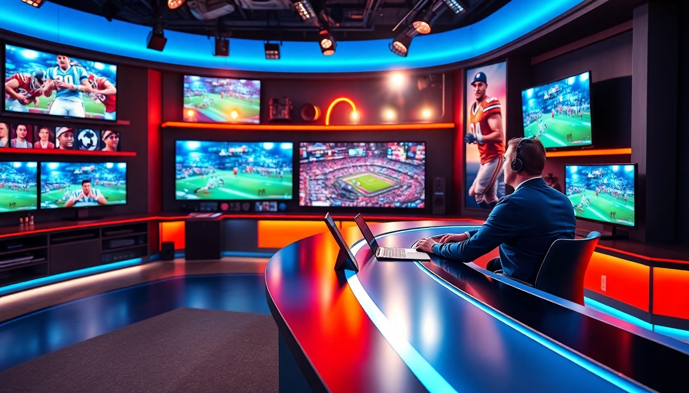 Engaging sports broadcasting scene showcasing a dynamic sports analyst in studio setting.