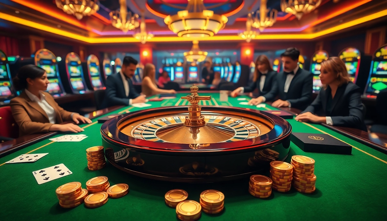 A vibrant casino scene with roulette and poker elements showcasing excitement at https://da88.cash/.