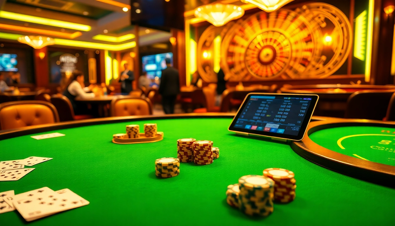 Vibrant casino scene with players engaging in strategic bets at https://nk88net.com/. Luxurious tables and excited atmosphere.