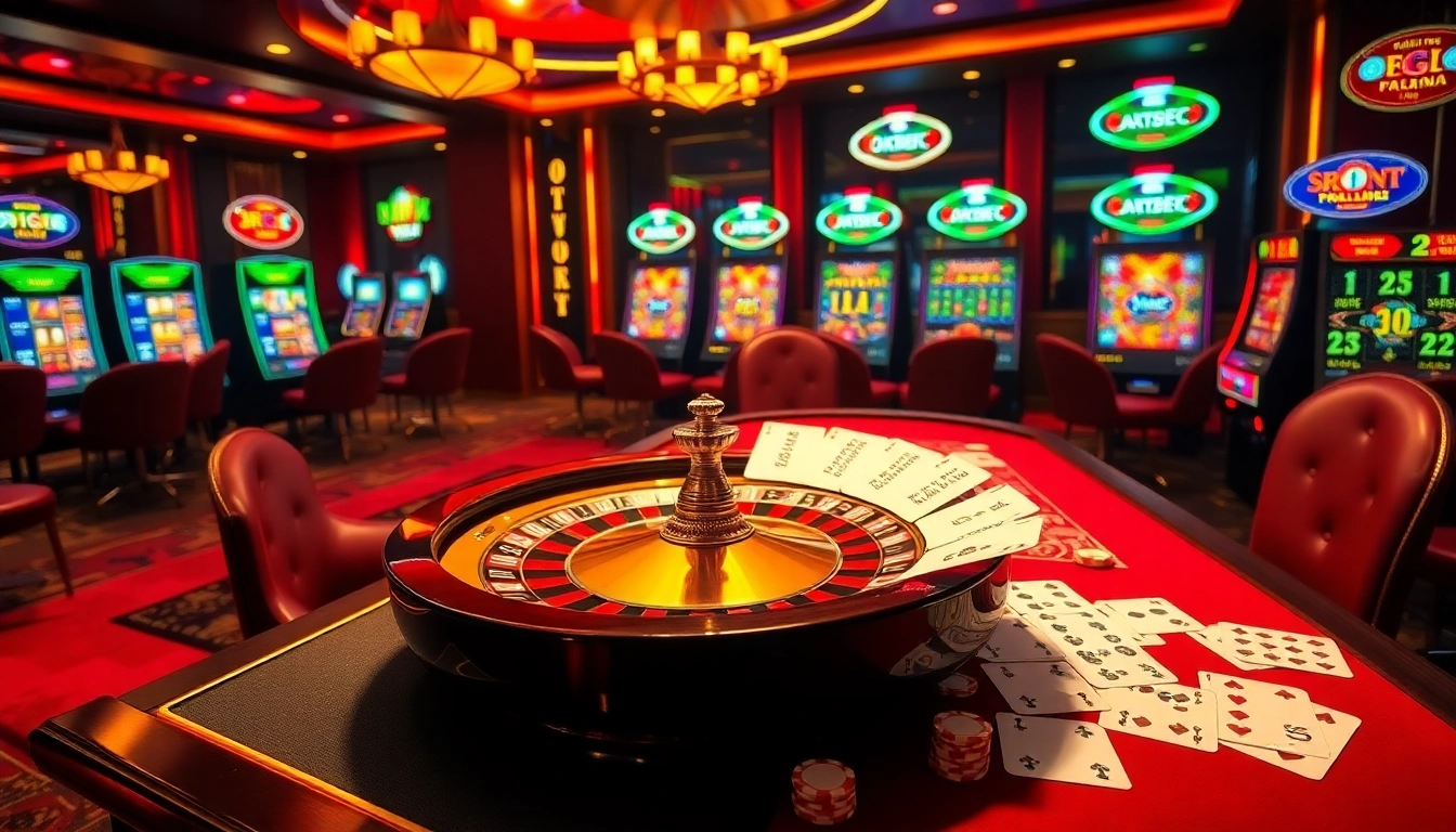 Experience OXBET with a vibrant casino scene featuring roulette, cards, and exciting slot machines.