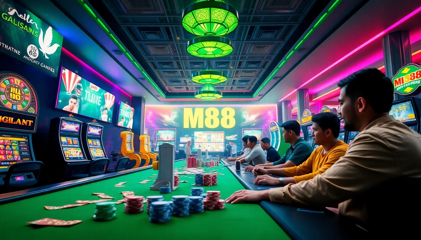 M88.com.mx betting scene featuring poker chips, players, and diverse gambling options.