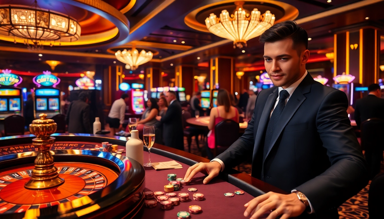 Players experiencing the thrill of betting at 123b's glamorous casino tables.