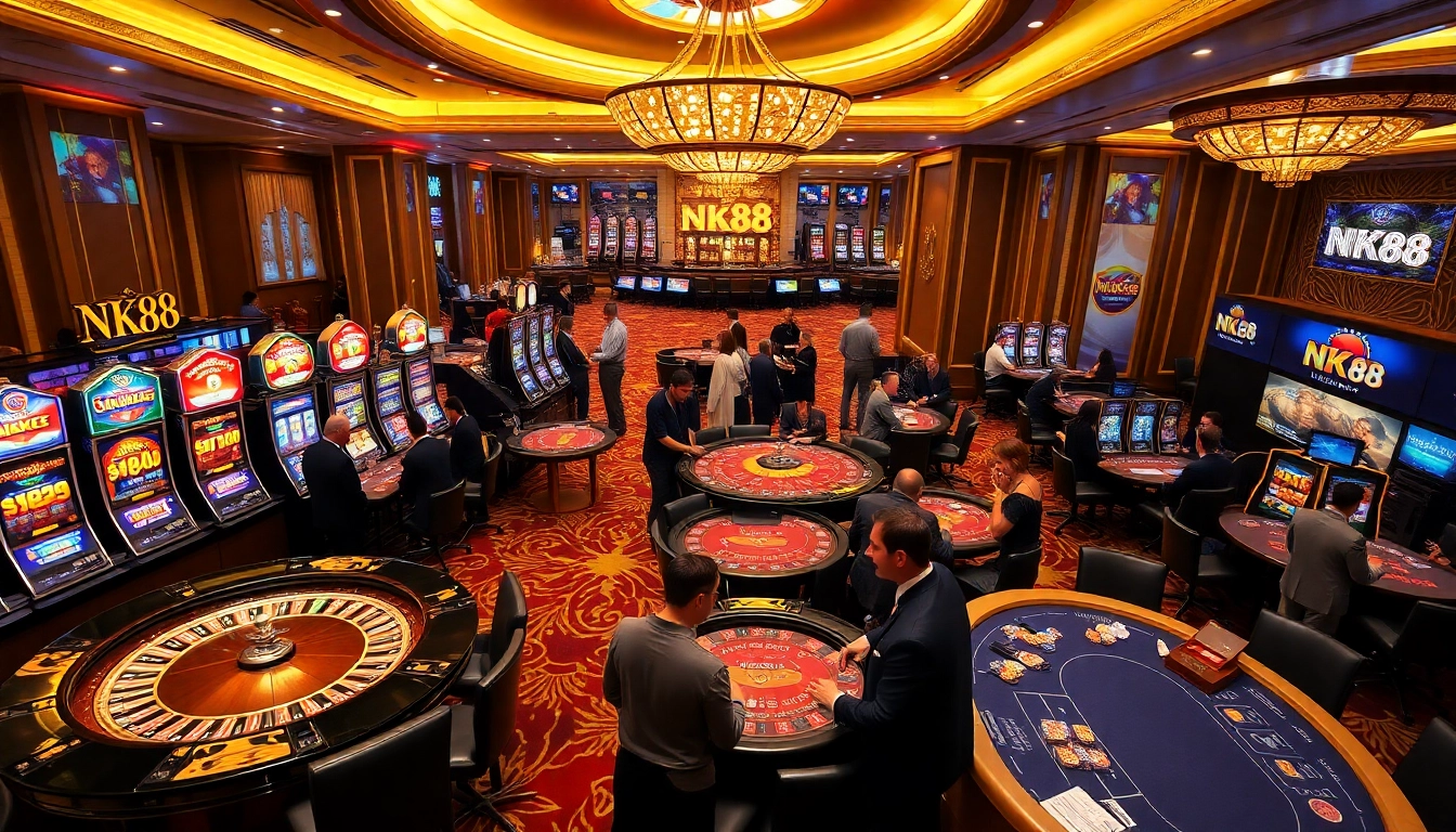 Experience thrilling gaming at NK88 with vibrant slot machines and elegant tables