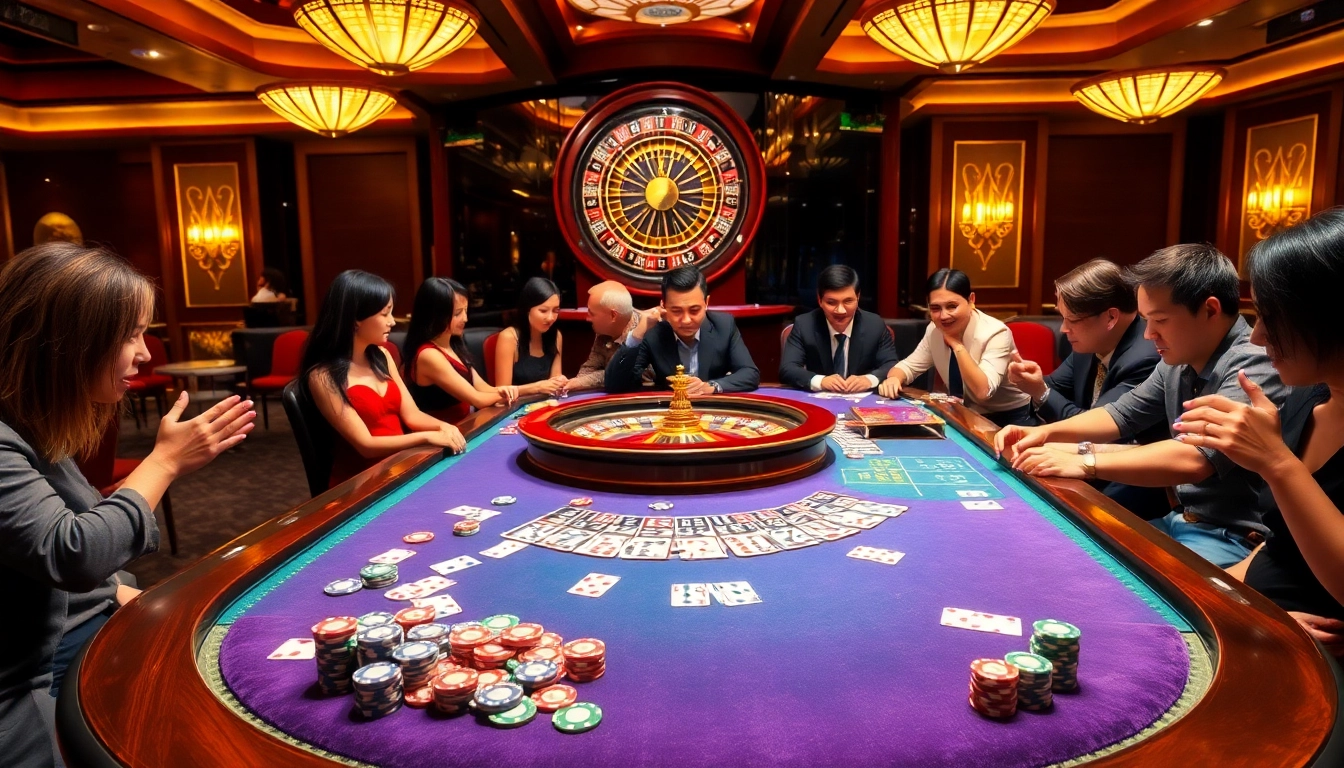 Excited players engage with the LC88 casino table, showcasing vibrant poker chips and cards.