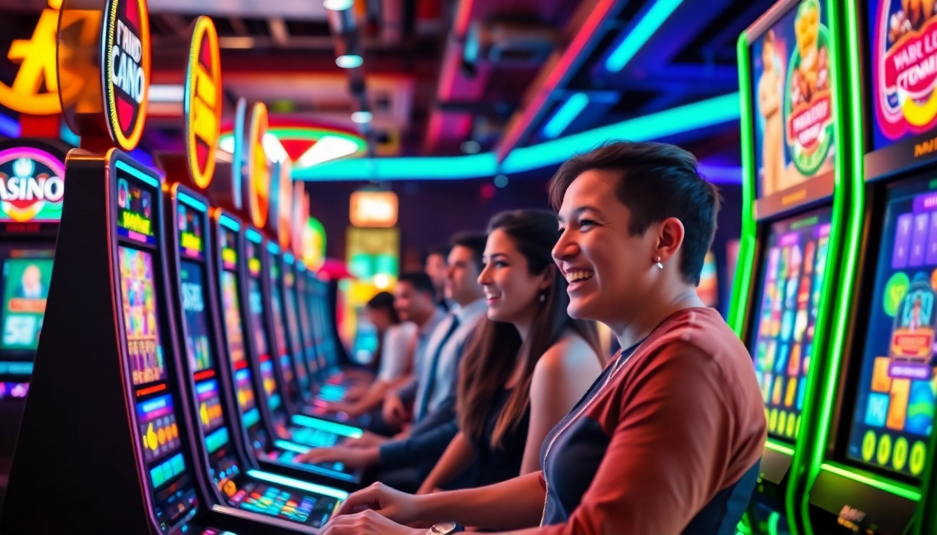 High-energy gaming environment at good88.hu.net with vibrant slot machines and excited players.