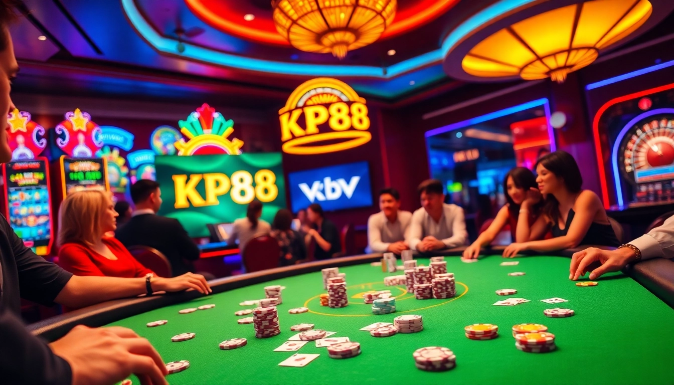 Exciting KP88 gambling scene with players at a casino table and vibrant slot machines.