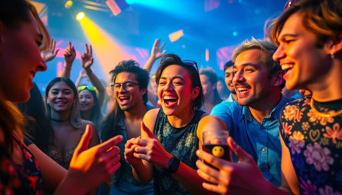 Exciting scene of sbobet.dance participants enjoying a vibrant dance party with gaming elements.